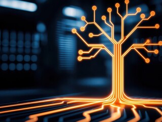 A digital tree with glowing orange circuitry branches extends from a circuit path against a dark, tech-inspired background.