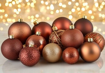 Group of brown and gold Christmas ornaments with sparkling texture arranged on a marble surface against a bokeh background