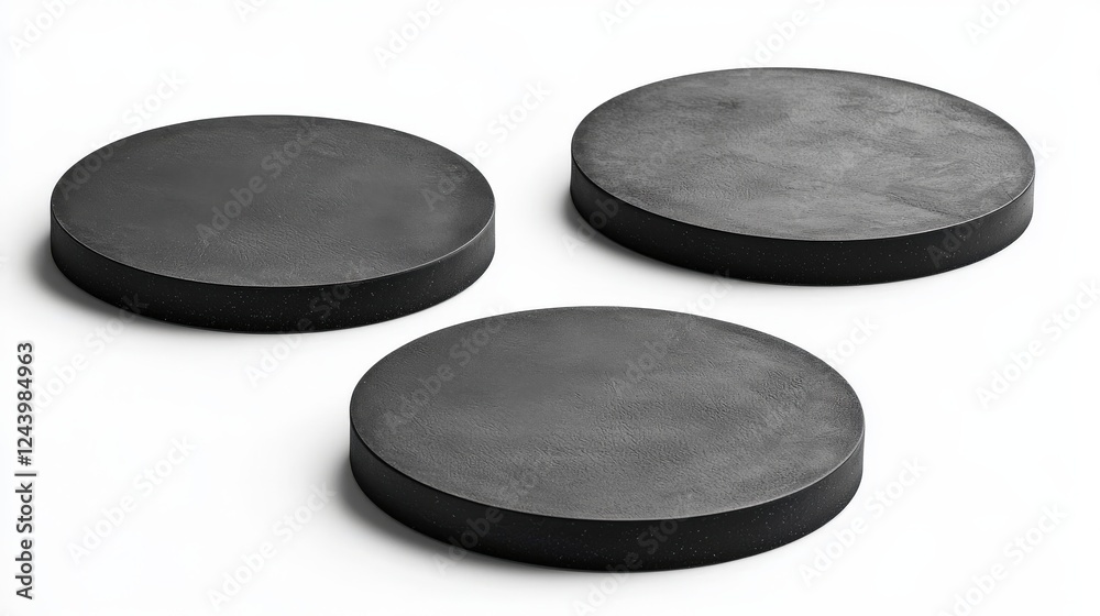 Poster set of three black circular tablets on white background for creative design and display purposes