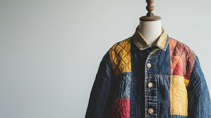 Obraz premium Trendy Patchwork Denim Jacket on a Mannequin Against a Minimalist White Background
