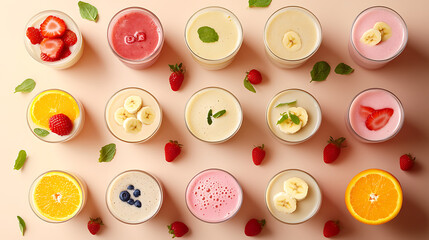 Fototapeta premium A vibrant display of assorted smoothies in glass cups, featuring various fruits and garnishes, arranged neatly on a pastel background.