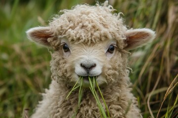 Obraz premium Cute fluffy lamb grazing on green grass.