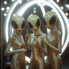 Obraz premium Aliens in shimmering outfits, posing under ring lights, practicing influencer gestures, adjusting lights, checking reflections.