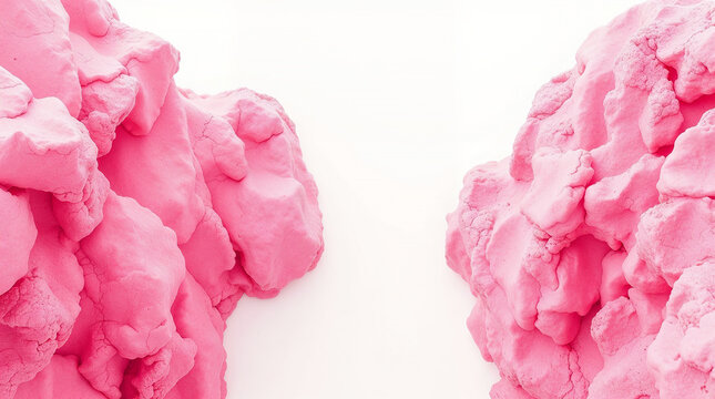 Pink modeling clay creating abstract shapes on white background