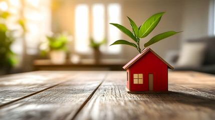 red miniature model house next to young plant - house buying - real estate, property, home, purchase, mortgage, investment, growth