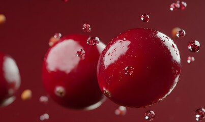 Fototapeta premium Cranberries levitating, water droplets, red background, healthy food, advertising