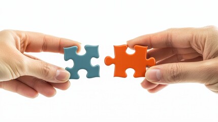 Two Hands Holding Puzzle Pieces with Precision for Perfect Fit and Collaboration in Bright White Background