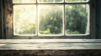Fototapeta premium A fresh and airy kitchen scene featuring a weathered white wood table, with warm sunlight streaming through a softly blurred summer window.