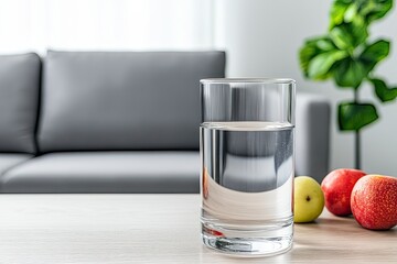 Tall drinking glass filled with fresh water isolated in a modern looking room, Hydration Concept, Healthy Living Diet, Dry January, Sober October, copy Space