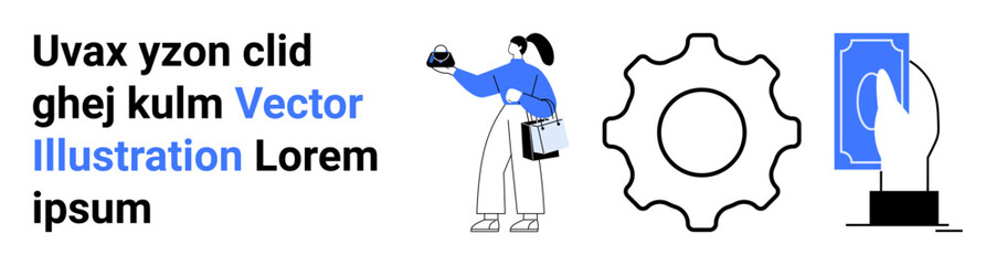 Professional woman holding bag and clipboard, gear symbol, and hand interacting with a wallet icon. Ideal for business process, technology, innovation, productivity, finance, apps flat landing page