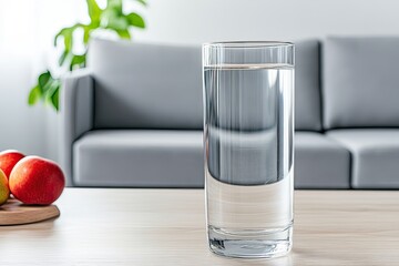 Tall drinking glass filled with fresh water isolated in a modern looking room, Hydration Concept, Healthy Living Diet, Dry January, Sober October, copy Space