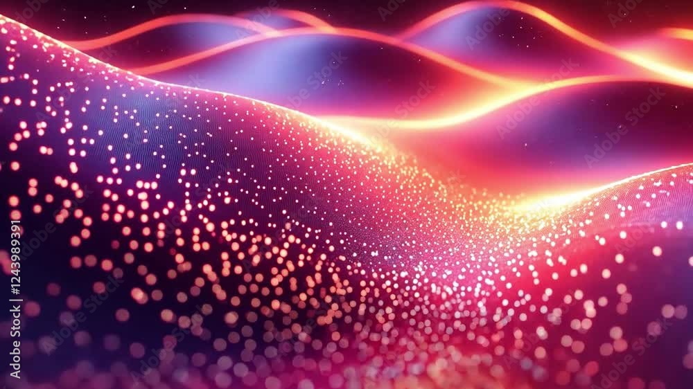 Poster Vibrant Energy Flow: Abstract digital art depicting a mesmerizing landscape of glowing, undulating waves with embedded particles, creating a sense of dynamic energy and vibrant color. 