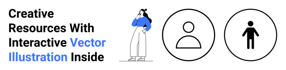Woman standing with hand on chin in thoughtful pose, outline user and figure icons. Ideal for marketing, design, creativity, education, recruitment, innovation, flat landing page banner