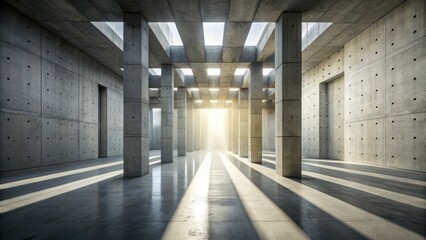 Sunlit Modern Concrete Hallway with Geometric Pillars and Open Ceiling