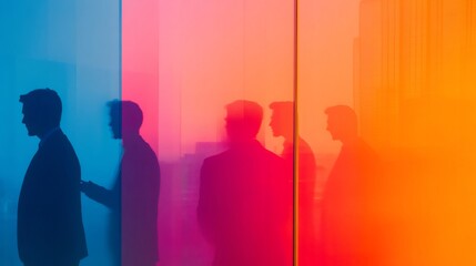 Business partners walking behind a colorful glass wall in a modern office building, creating a vibrant and dynamic atmosphere, symbolizing collaboration and innovation in the corporate world