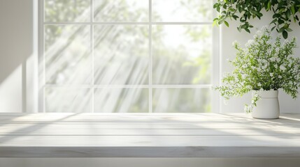 Sunlight streams through a wide-open spring window, casting a warm glow on a clean white wood table, ideal for product display or design.