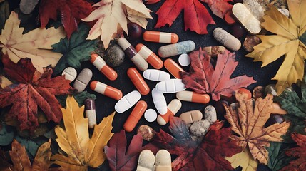 Old iron with bunch of drug pills on a maple leaves pattern