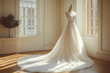Elegant beautiful white wedding dress on a mannequin in a bridal boutique, luxury and romance, high-end bridal fashion.