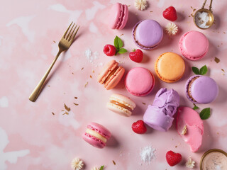 professional advertisement food photography: A bunch of colorful macarons on a pink surface with a gold fork.