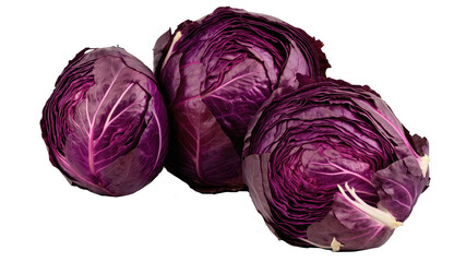 Obraz premium Three vibrant red cabbages, showcasing their layered texture and deep purple hue. isolated on transparent background 