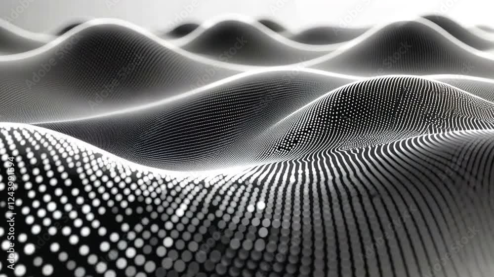 Leinwandbilder Abstract Data Landscape: A mesmerizing abstract image showcasing a grayscale landscape formed by undulating waves of dots.