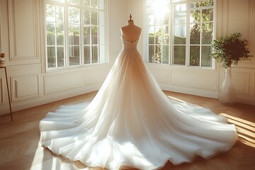 Elegant beautiful white wedding dress on a mannequin in a bridal boutique, luxury and romance, high-end bridal fashion.