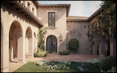 Naklejka premium Sunlit Mediterranean Villa with Stucco Walls and Lush Courtyard Retreat, A stunning Mediterranean-style villa bathed in warm sunlight, featuring elegant stucco walls, and terracotta roof tiles