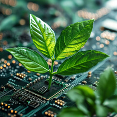 ESG green technology concept: carbon neutral esg hardware, green leaf, computer circuit board, symbolizing environmental sustainability and growth to safe planet earth, green planet, world earth day 