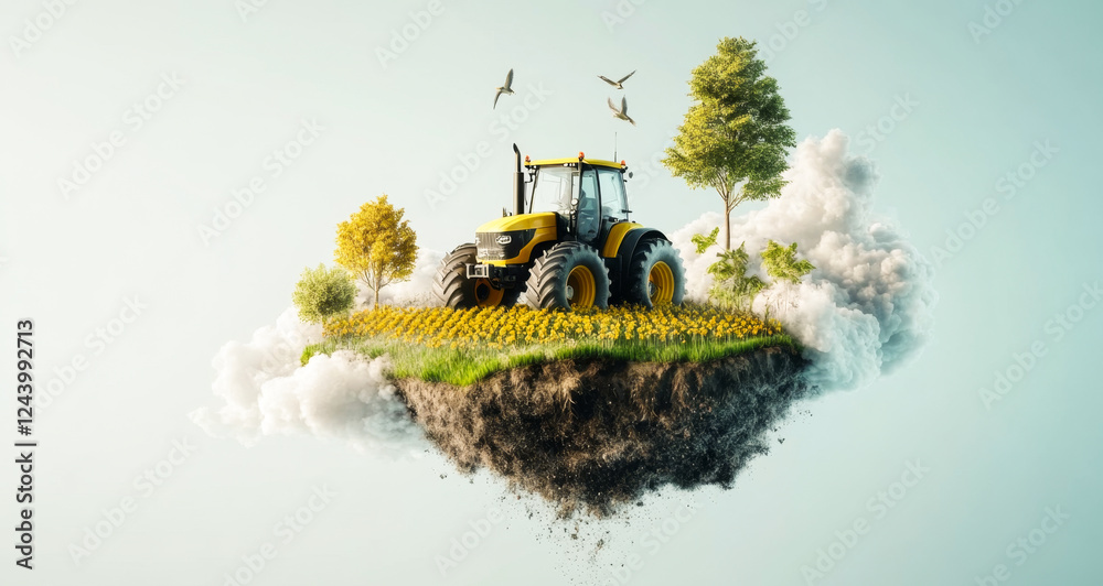 Aufkleber a modern tractor is situated on a floating plot of farmland surrounded by lush greenery and colorful