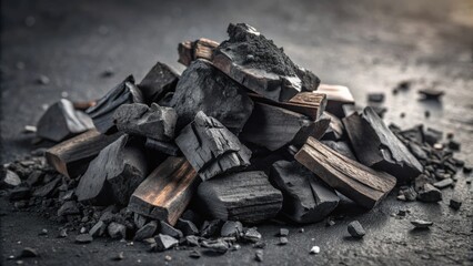 A Dark Pile of Charcoal Briquettes and Wood Chunks