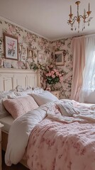 there is a bed with a pink comforter and a white headboard