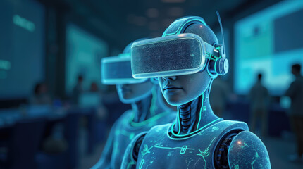 Two human-like robots wearing virtual reality headsets are participating in an interactive technology demonstration at a conference. The futuristic atmosphere highlights innovation