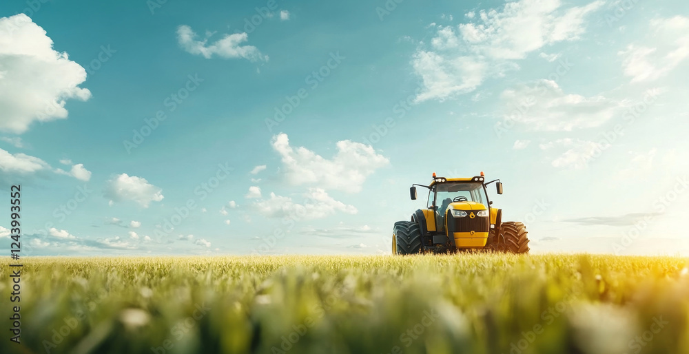 Poster a modern tractor is actively working in a vast field under a clear sky. the sun casts a warm glow ov