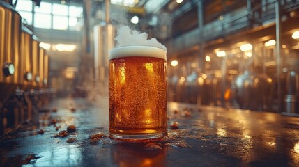 A frothy glass of beer sits on a wet bar top in a bustling brewery, with brewing equipment in the background