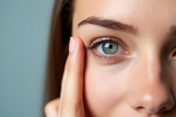 Naklejka premium Close-Up of a Young Woman's Eye Highlighting Vibrant Blue Iris and Natural Beauty, Capturing the Essence of Gaze and Expression in a Soft-Hued Background