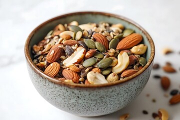 there is a bowl of nuts and seeds on a table