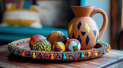 An artistic kitchen table centerpiece featuring an African beaded tray adorned with colorful carved wooden orbs and a clay pitcher with bold geometric designs.