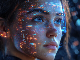 Futuristic AI-powered journalist analyzes information and reveals facts through holographic interface in high-tech environment