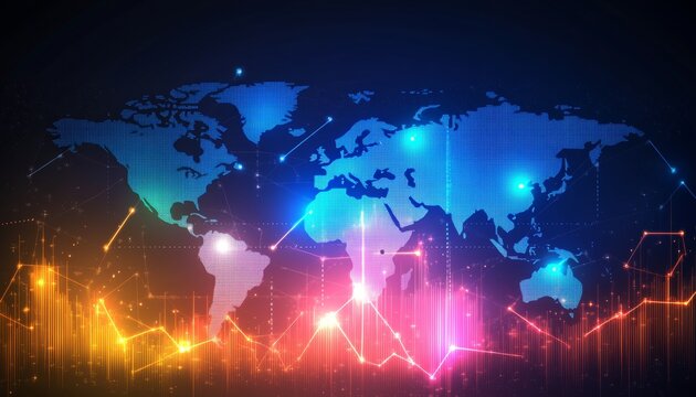 Global Stock Market Trends Dynamic Line Charts, Detailed World Map, Data Points, Modern Finance