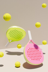 Colorful paddles and tennis balls in a playful arrangement, perfect for a summer sports day. 3d...