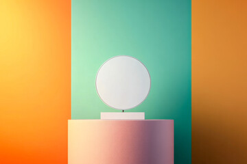 A minimalistic display featuring a circular object on a pedestal, surrounded by vibrant teal and orange backgrounds.