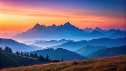 Obraz premium Serene Sunset Over Rolling Mountain Ranges and Grasslands