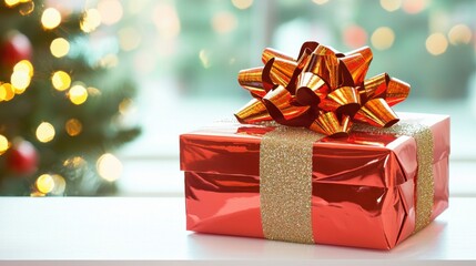 A beautifully wrapped red gift with a golden ribbon and a shiny bow, set against a softly lit festive background.