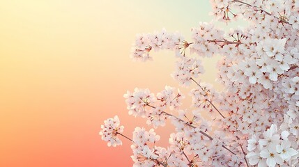A captivating image of cherry blossoms tinted white and pink against a clear serene sunset gradient in warm pastel hues.
