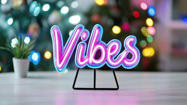 Pink Purple Neon Vibes Sign with Christmas Lights Background - Powered by Adobe