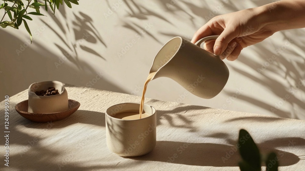 Poster a hand gracefully pours rich coffee from a ceramic jug into a simple cup, as shadows dance on a neut