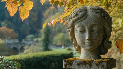 Fototapeta premium A serene stone bust surrounded by autumn foliage, reflecting the tranquility of nature in a picturesque garden setting.