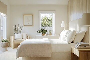 Fototapeta premium there is a bed with white sheets and pillows in a bedroom