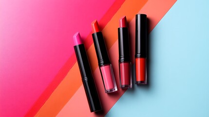 Obraz premium Nail polish shades with lipstick and makeup brush isolated on a colorful background