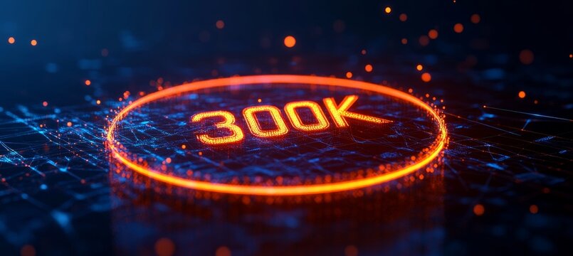 Glowing Digital 3D Number 300K on Futuristic Abstract Technology Background with Particles - Powered by Adobe